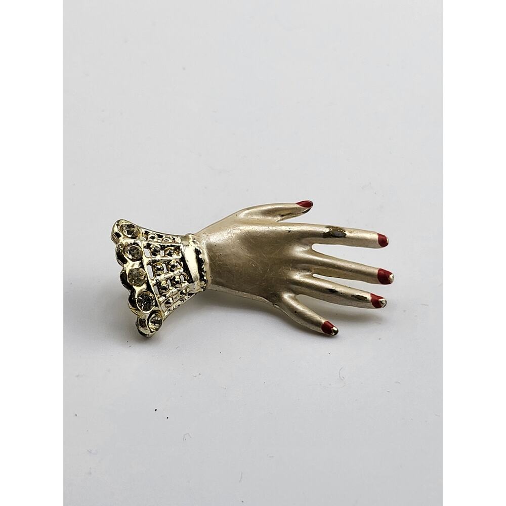 Vintage Ladies Hand Brooch Red Enamel Nails Rhinestone Cuff Silver Tone